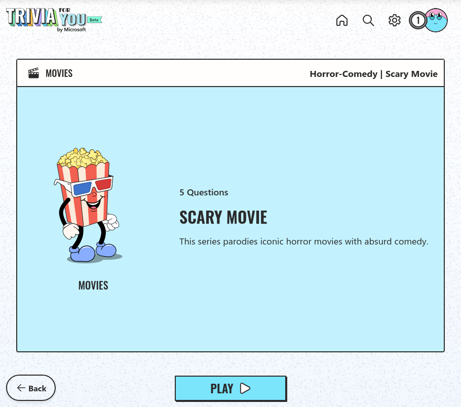 Movies topic card for Scary Movie with a Play button