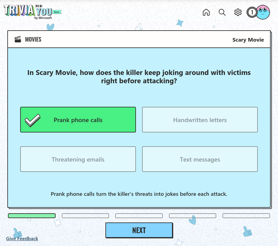 Trivia question with the correct answer selected and highlighted green