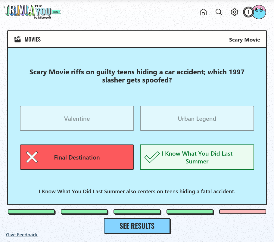 Trivia question with a wrong answer marked and the correct answer revealed